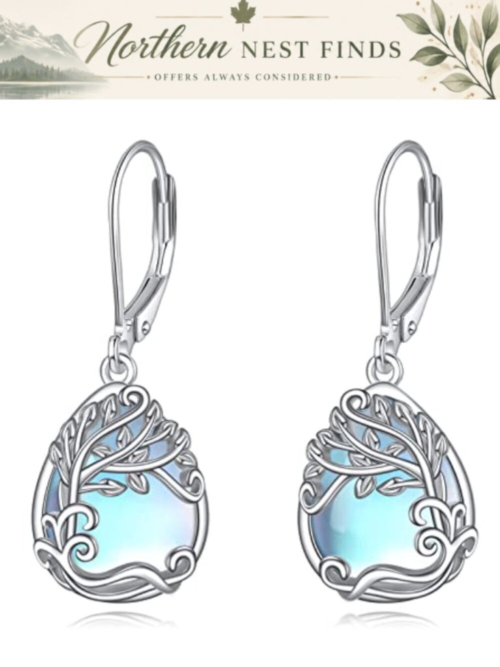 Moonstone Filigree Drop Dangle Teardrop Earrings 925 Sterling Silver Leverback